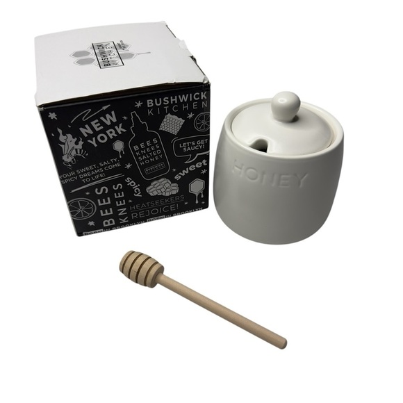 Bushwick Kitchen Honey Pot + Dipper Ceramic Jar & Lid with Wood Dipper 14oz NIB - Picture 2 of 7
